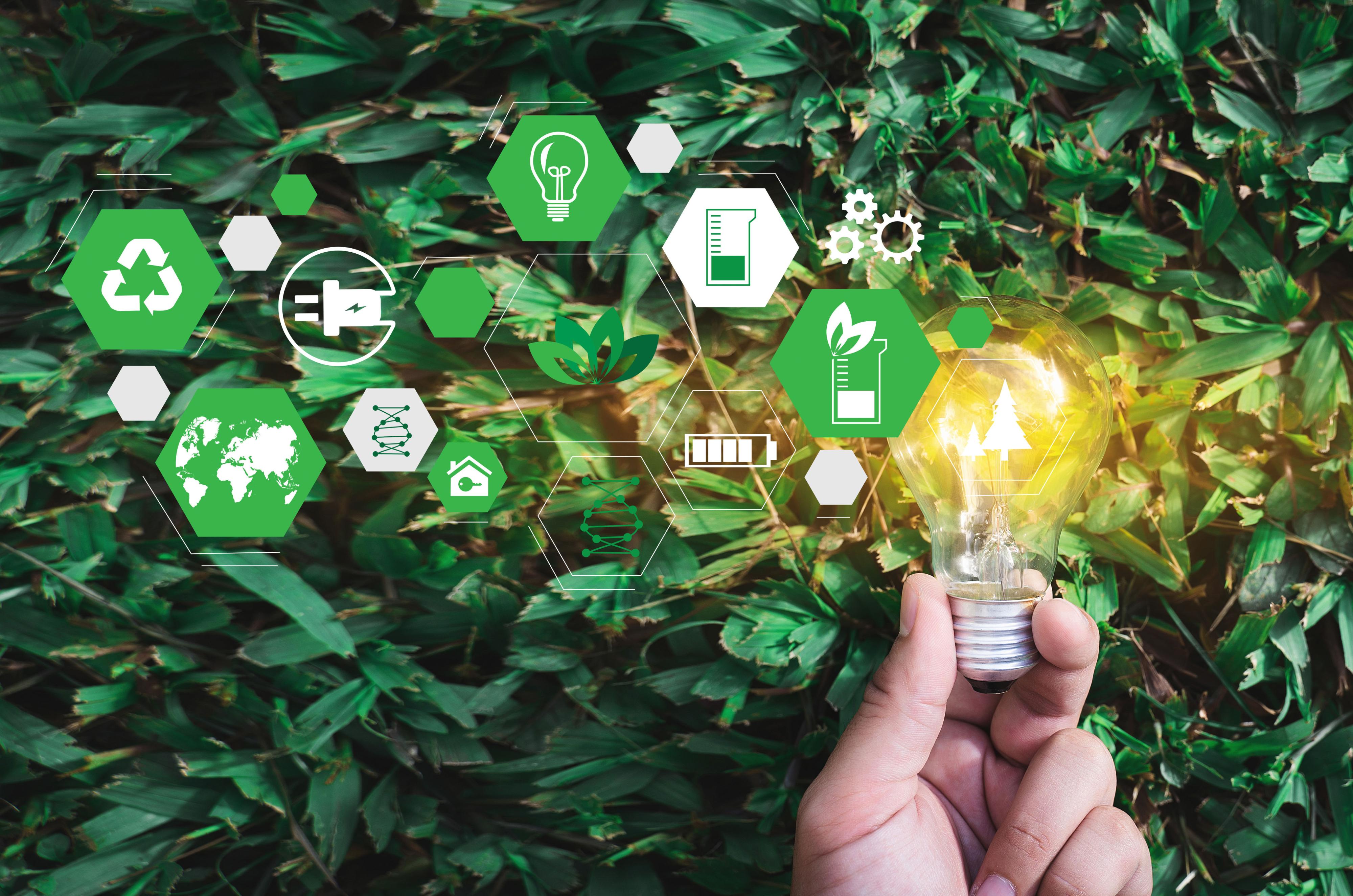 Image with hand holding a bulb that has green energy icons next to it