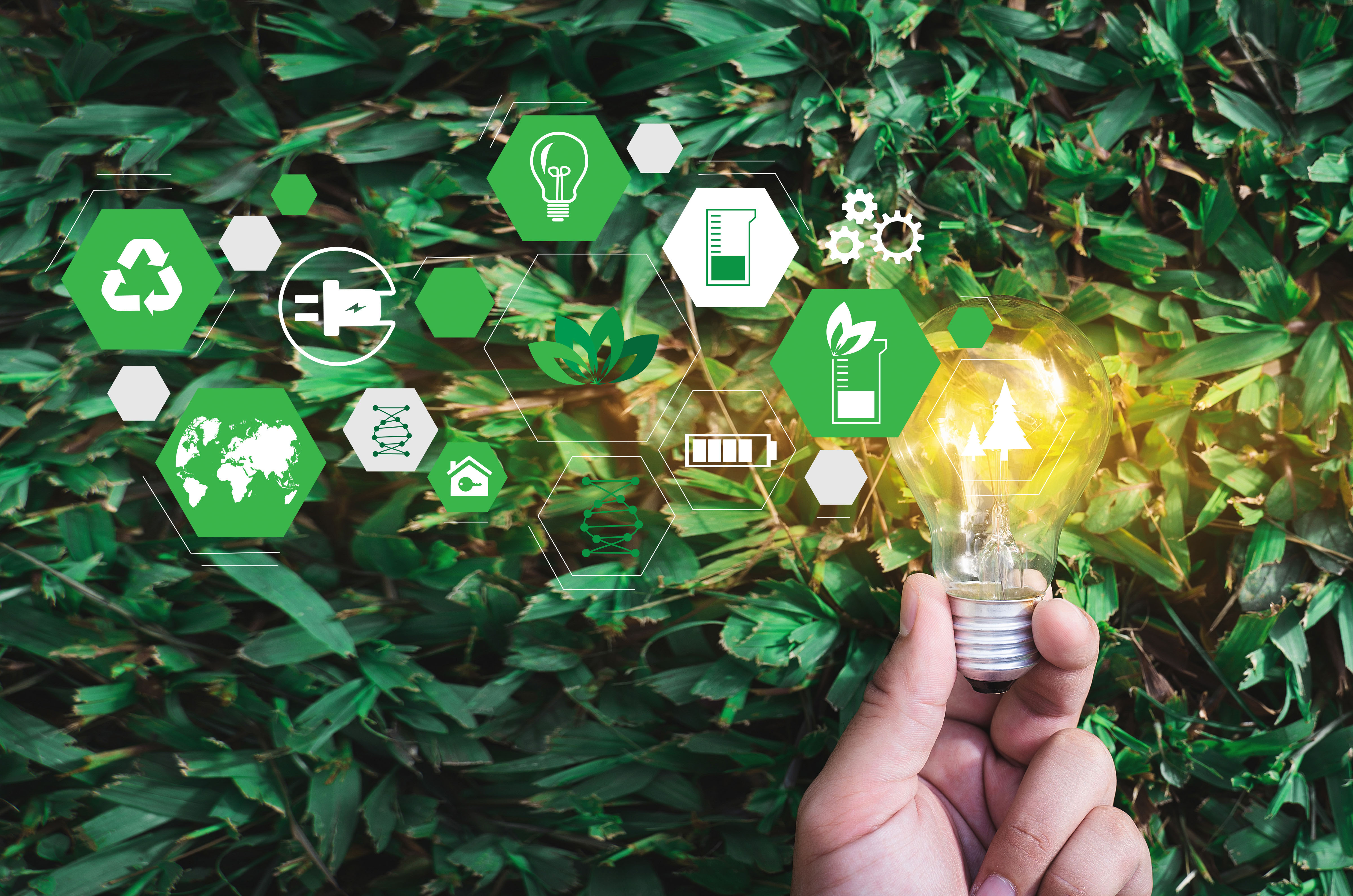 Image with hand holding a bulb that has green energy icons next to it