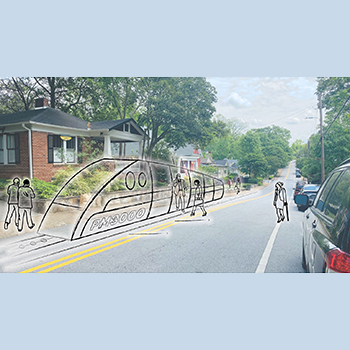 Perspective sketch of a small shuttle train superimposed over a photo of an intown neighborhood street scene.