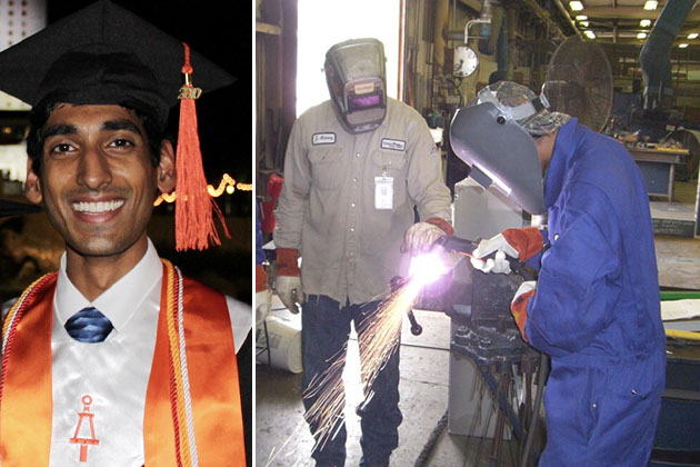 Composite image of Alex Duncan, one side showing him in a graduation gown and the other showing him working in the field.