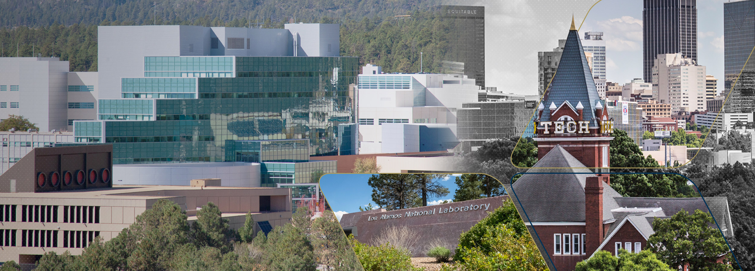 Collage image of various buildings from Los Alamos National Lab and Georgia Tech