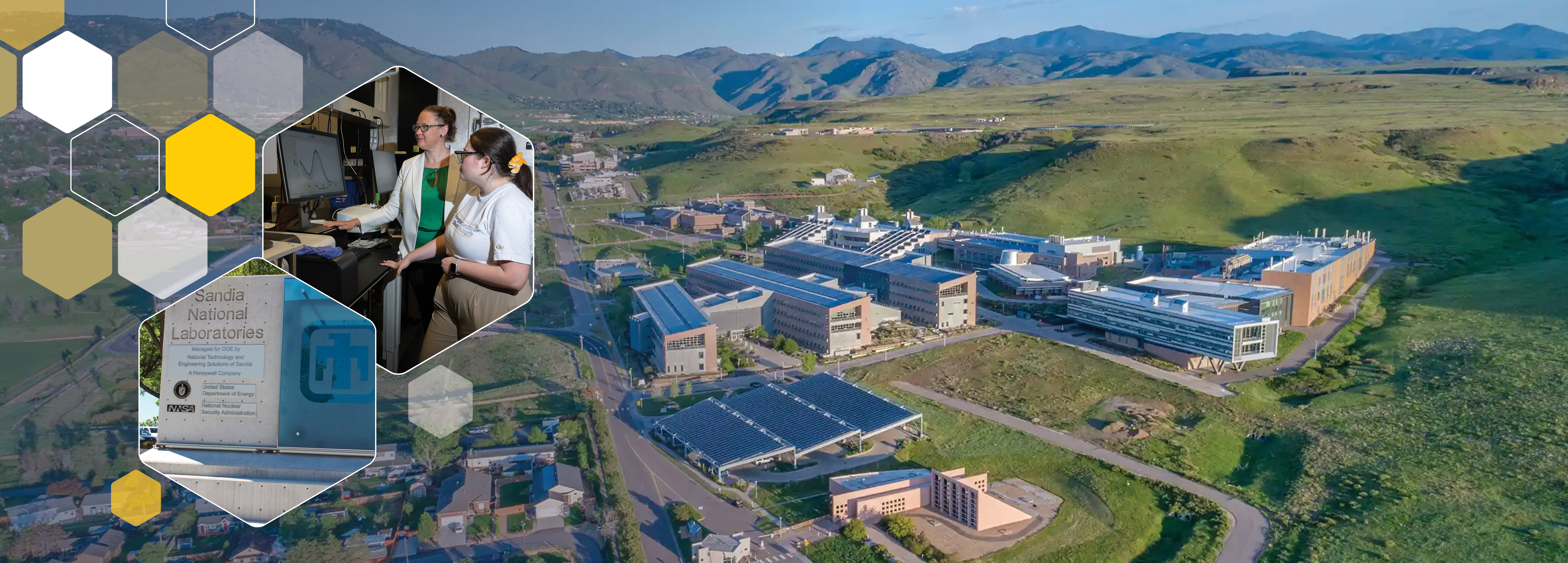 Composite image containing aerial shot of a lab location with images of the Sandia Lab sign and scientists working at a lab