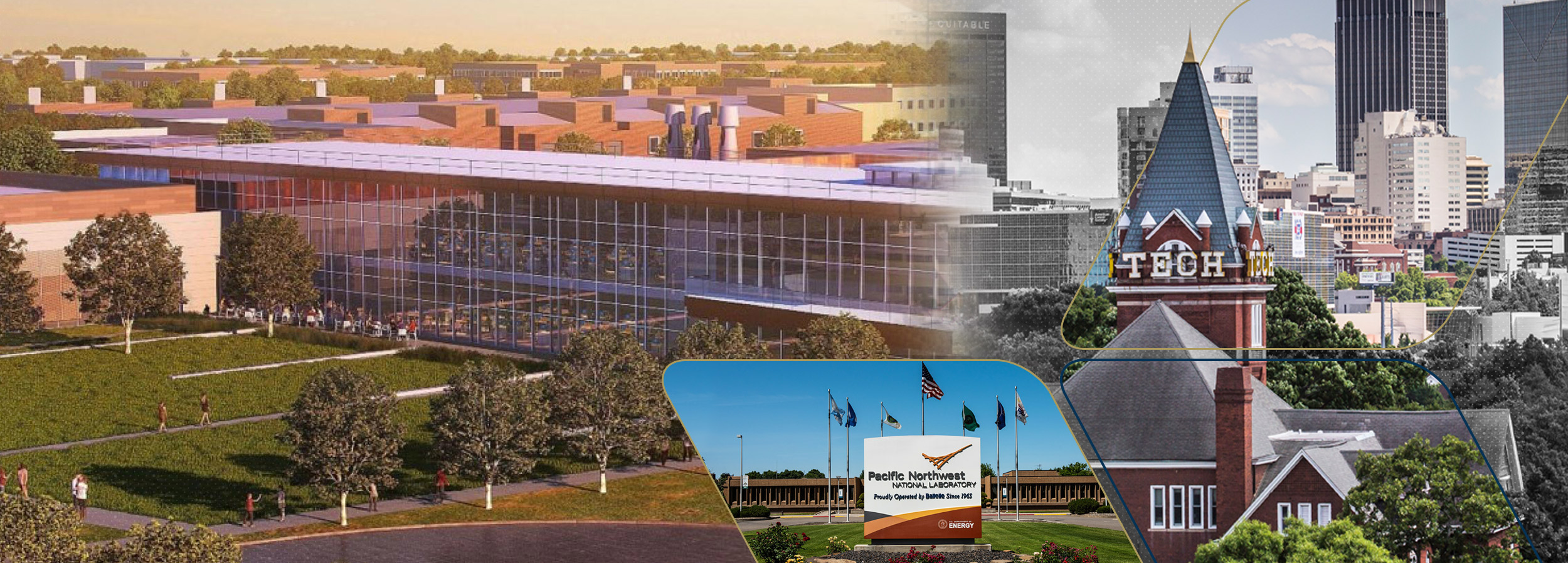 collage of images containing buildings on both the Georgia Tech and Pacific Northwest National Laboratory's campuses
