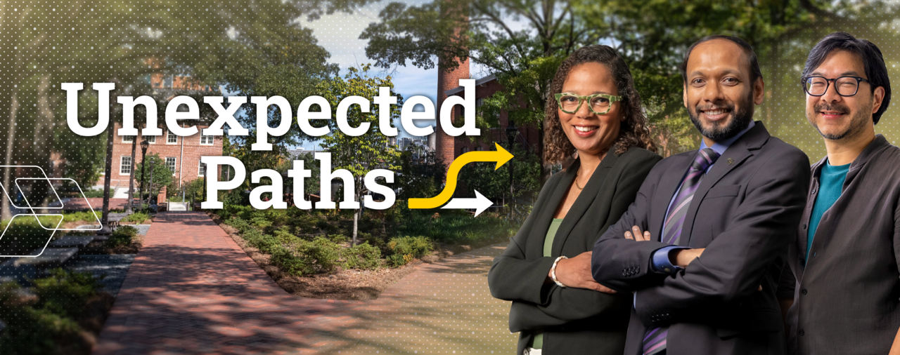 two men and one woman standing together with Georgia Tech campus behind them and the words Unexpected Paths serving as an overlay heading