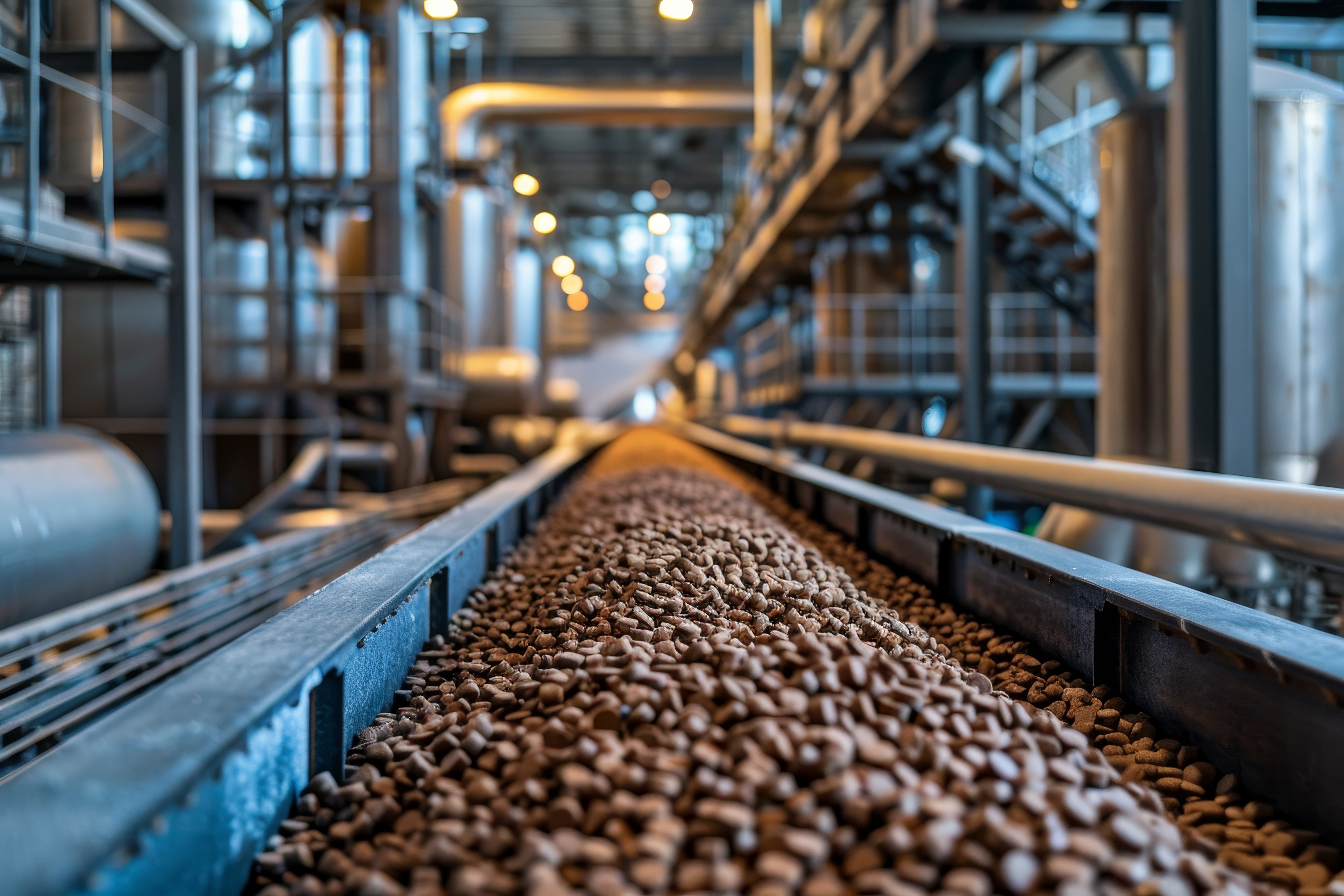 Manufactuing process showing a conveyor belt moving biobased pellets