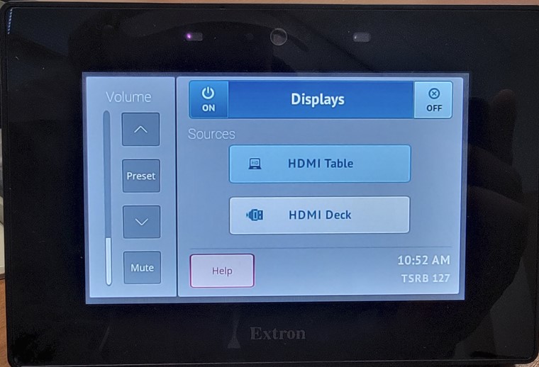 Volume 
Preset 
Mute 
Sources 
Help 
Displays 
HDMI Table 
HDMI Deck 
OFF 
10:52 AM 
TSRB 12 
