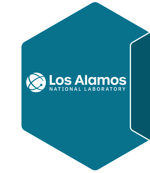 Los Alamos National Lab logo with teal blue hexagon behind it
