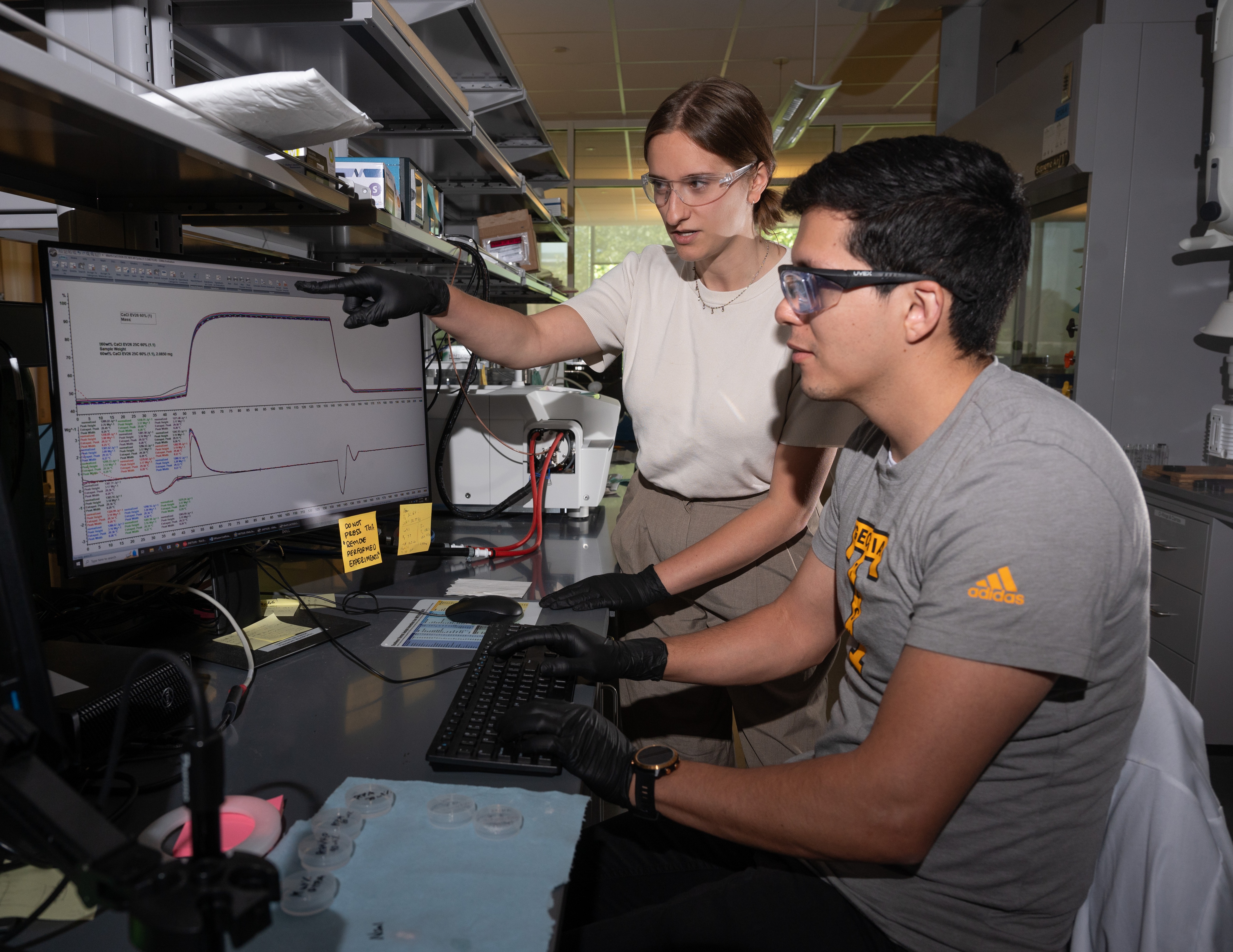 Erik Barbosa and Madeline Morrell (PhD students) analyze water vapor storage and release in salts. Photo by: Allison Carter