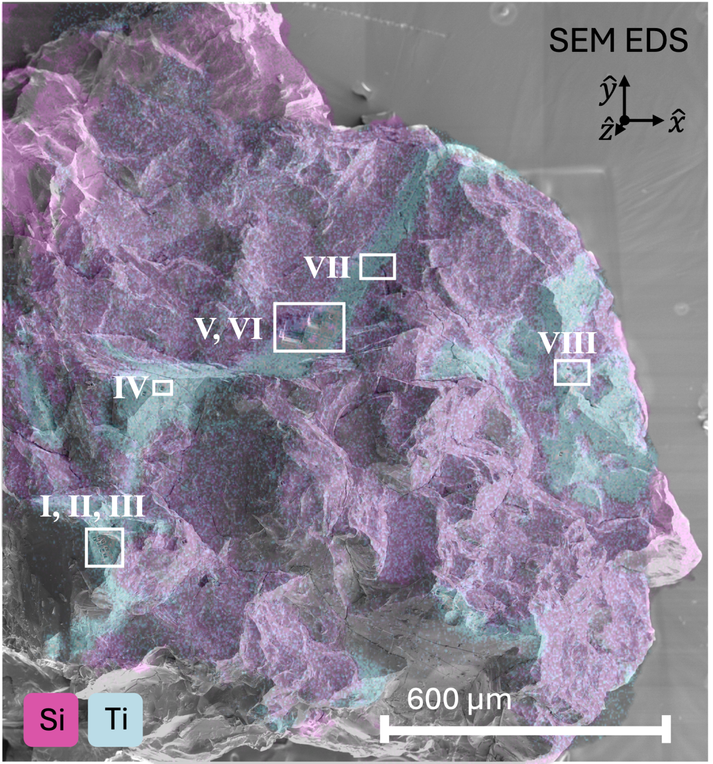 The chip, colored in large areas with purple, with blue ribbons of color. There are a total of five white rectangles on the blue areas.