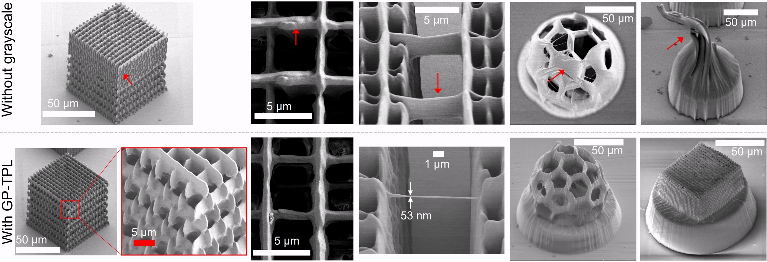 Diagram illustrating a nanoscale 3D printing process using a femtosecond near-infrared laser, mirrors, lenses, and a digital micromirror device (DMD) to project patterned light into a photoresist on a glass slide.
