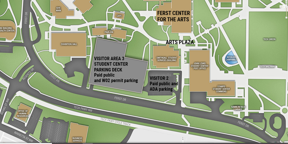 Map indicating Exhibition Hall, Parking and Ferst Center for the Arts