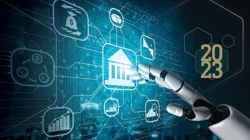 Graphic depicting robotic hand interacting with digital screen