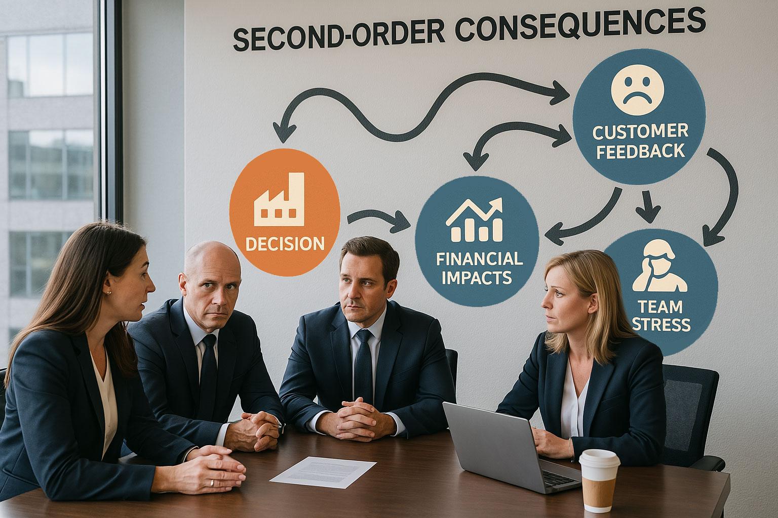 Management team sitting around conference room table discussing concerns about a business decision