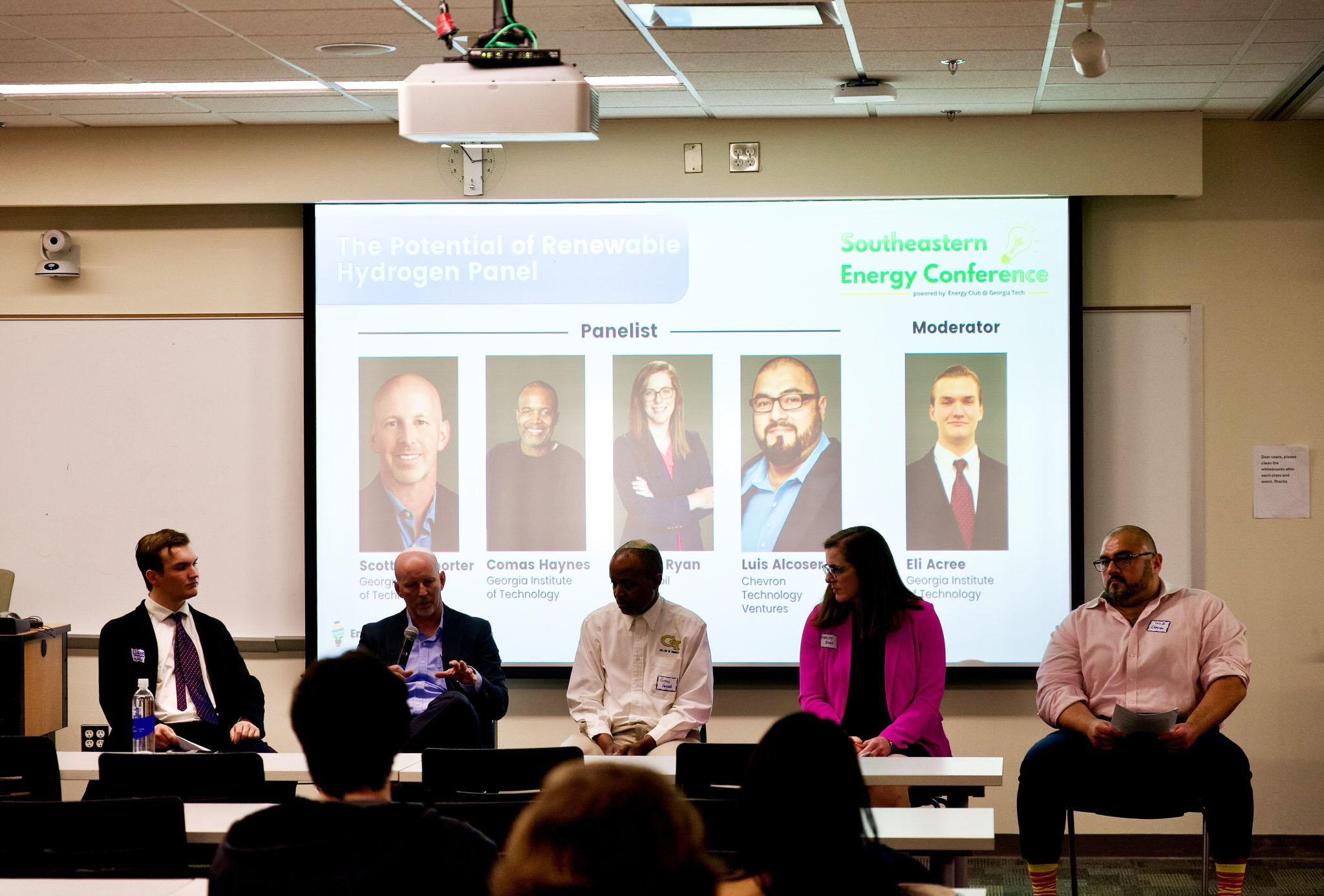 Energy Club's 11th Southeastern Energy Conference Panel on The Potential of Renewable Hydrogen featured Eli Acree, Chemical & Biomolecular Engineering Undergraduate, Georgia Tech (Moderator), Panelists Scott McWhorter, Federal Opportunities and Strategy, Georgia Tech Strategic Energy Institute, and Board Chairman, Southeast Hydrogen Energy Alliance, Comas Haynes, Hydrogen Initiative Lead, Georgia Tech Strategic Energy Institute, Hayley Ryan, Field Engineering Manager, ExxonMobil, Luis Alcoser