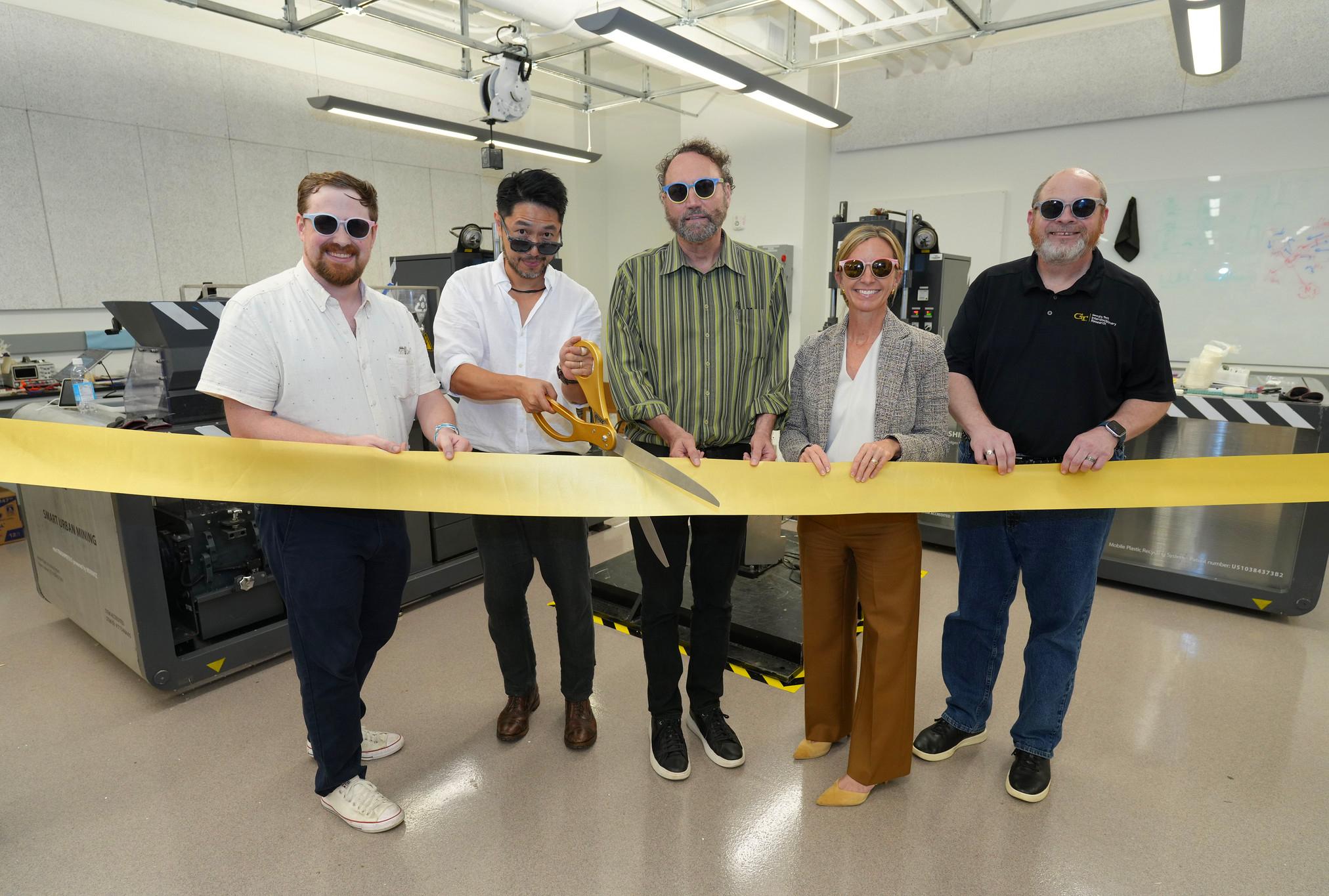 Pictured left-to-right: Tim Trent, director of IPaT's Trash Lab; Arthur Huang, CEO of Miniwiz; Michael Best, executive director of IPaT; Jennifer Chirico, associate vice president of Sustainability; and Rob Kadel, executive director of research program administration.