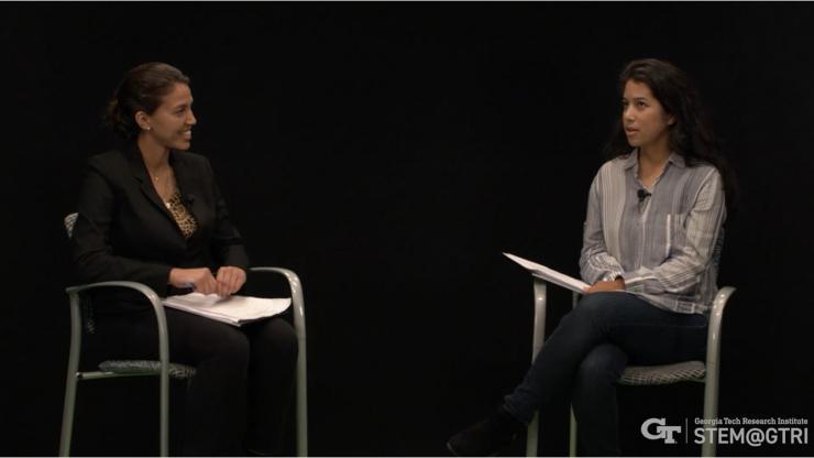<p>Marisa Cepeda (left) moderates a panel session with GTRI Senior Research Scientist Samantha Lie-Tjauw in the fall of 2021. Lie-Tjauw discussed her experiences as a STEM professional. (Photo Credit: Marisa Cepeda)</p>