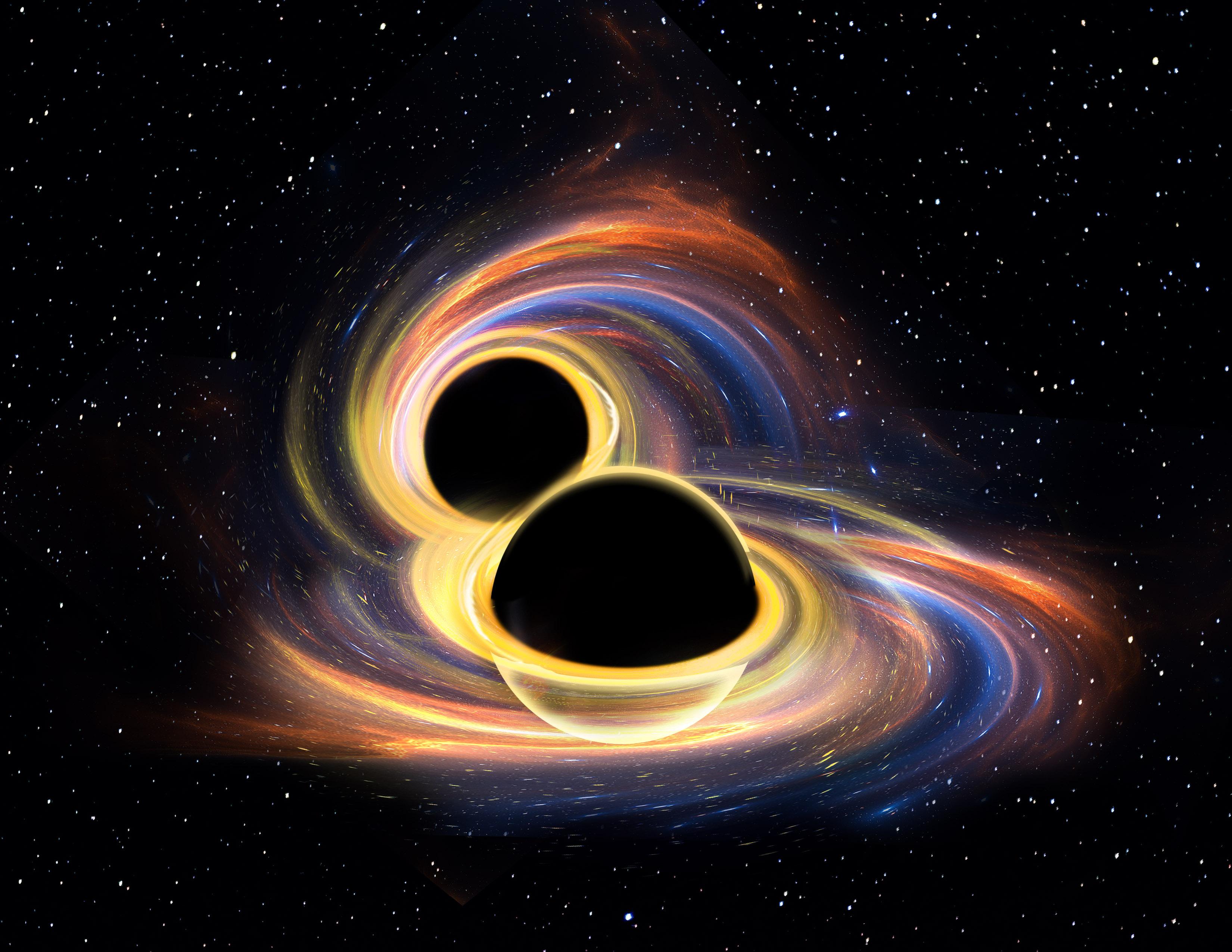 Artist's rendering of a collision of two black holes.
