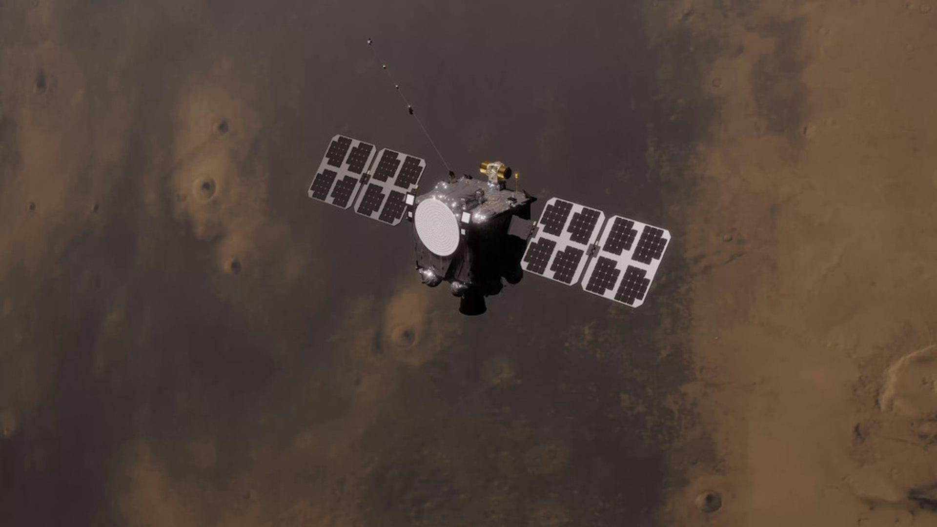 This close-up illustration shows what one of the twin ESCAPADE spacecraft will look like conducting its science operations. James Rattray/Rocket Lab USA/Goddard Space Flight Center