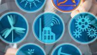 Human torso pointing to a part of a virtual holographic display related to energy topics. (Stock image - too hard to describe, sorry.)