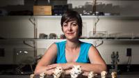A woman stands behind a row of skulls.