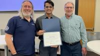<p><strong>Pictured: </strong>Aditya Singh, an undergraduate computer engineering student in the College of Engineering and CIC winner (middle). Matt Sanders (left-side) and Russell Clark (right-side). Sanders and Clark are key faculty organizers of the Georgia Tech Convergence Innovation Competition (CIC).</p>