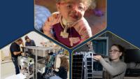 graphic of researchers working on toilet; child with traceal device; woman working on space shuttle