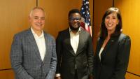 Pictured left-to-right: Georgia Tech President Ángel Cabrera, Daniel Nkemelu, and Carter Center CEO Paige Alexander.