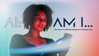 A woman against a colorful background looks at a smart phone. The image has text that reads "AI: AM I..."