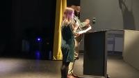 Nicole Kennard introduces Georgia Tech Alum Andrew White on the stage at the Atlantic Theater.