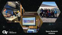 Three photos in hexagons - one group photo outside, one seminar presentation, and one of someone in a lab.
