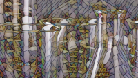 An mosaic-like illustration of chemistry equipment, including flasks and beakers
