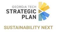 A logo with the words "Georgia Tech Strategic Plan" over "Sustainability Next" with an abstract half-flower with blue, yellow, and gold rectangular petals.