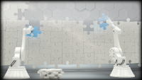 Two Industrial Robots sloving a puzzle