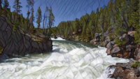 A mosaic-like illustration of a turbulent river