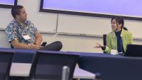 School of IC's Josiah Hester (left) and Cindy Lin discuss AI's future impact on sustainability. 