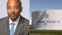 A portrait of Raheem Beyah is next to an image of a Colonial Pipeline company storage tank.