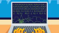Illustration of a laptop computer with a digital silhouette of the Georgia Tech campus on the screen along with lightning bolts and water drops.