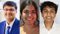 Three photos of Georgia Tech researchers Arnav Hiray, machine learning doctoral student; Vidhyakshaya Kannan, a Georgia Tech Financial Services intern; and Siddharth Lohani, a computer science major ’26 and software engineer at Bloomberg.