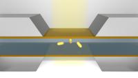 Schematic showing nanoparticles in the microfluidic chamber of liquid-phase transmission electron microscopy