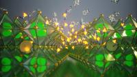 3D illustration of diamond-shaped perovskite structure in longs rows stacked in two layers.