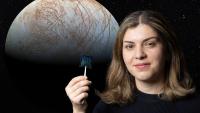 Composite image of Europa behind Azadeh Ansari holding a computer chip that combines many sensors into one small package.