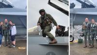 Left: David Picinich (center) with his fiancé and son in 2019. Center: David Picinich pictured in 2019 taking one last flight in an EA-18G Growler before retiring from the Navy. Right: David Picinich (left) stands with Brian Arena, the former commanding officer of the U.S. Navy's Electronic Attack Squadron 209, in front of an EA-18G Growler at Naval Air Station Whidbey Island in 2019. Photo credit: David Picinich.